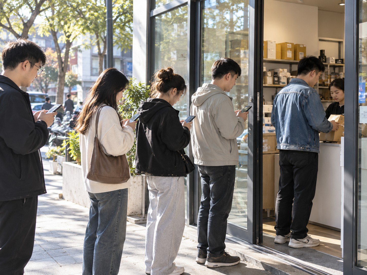 双11 期间在门店门口排队取件的顾客