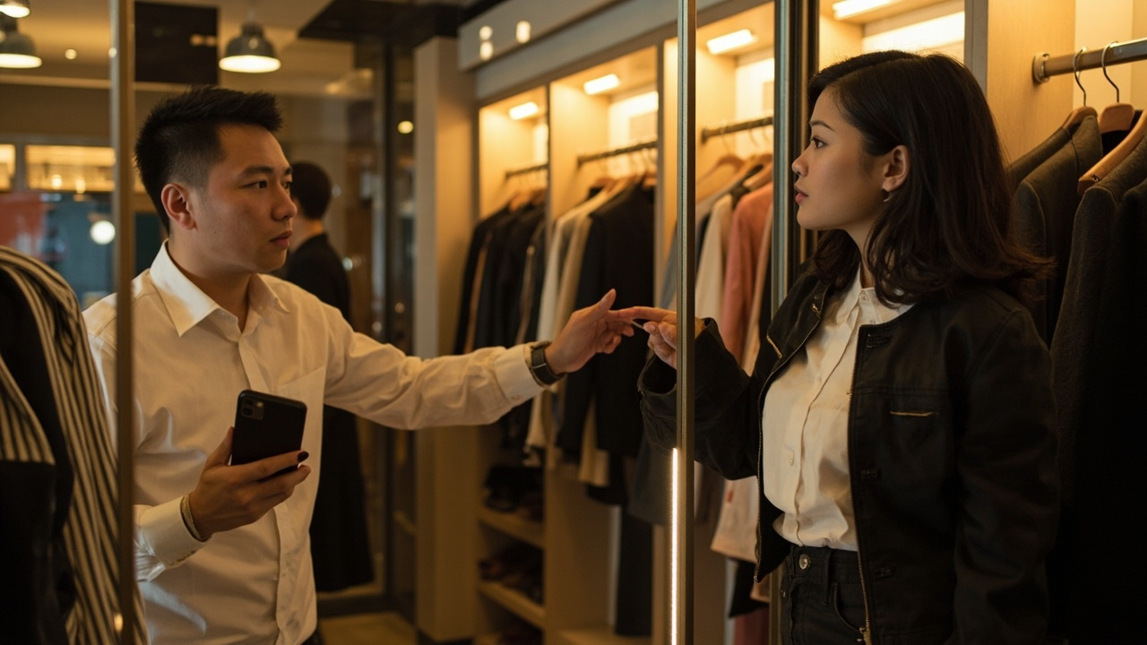 顾客在服装店试衣间外挑选衣服