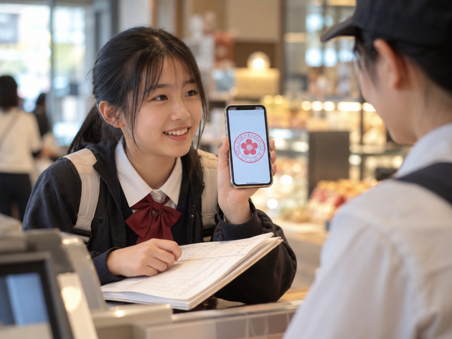 学生把盖好章的手机页面给店员看