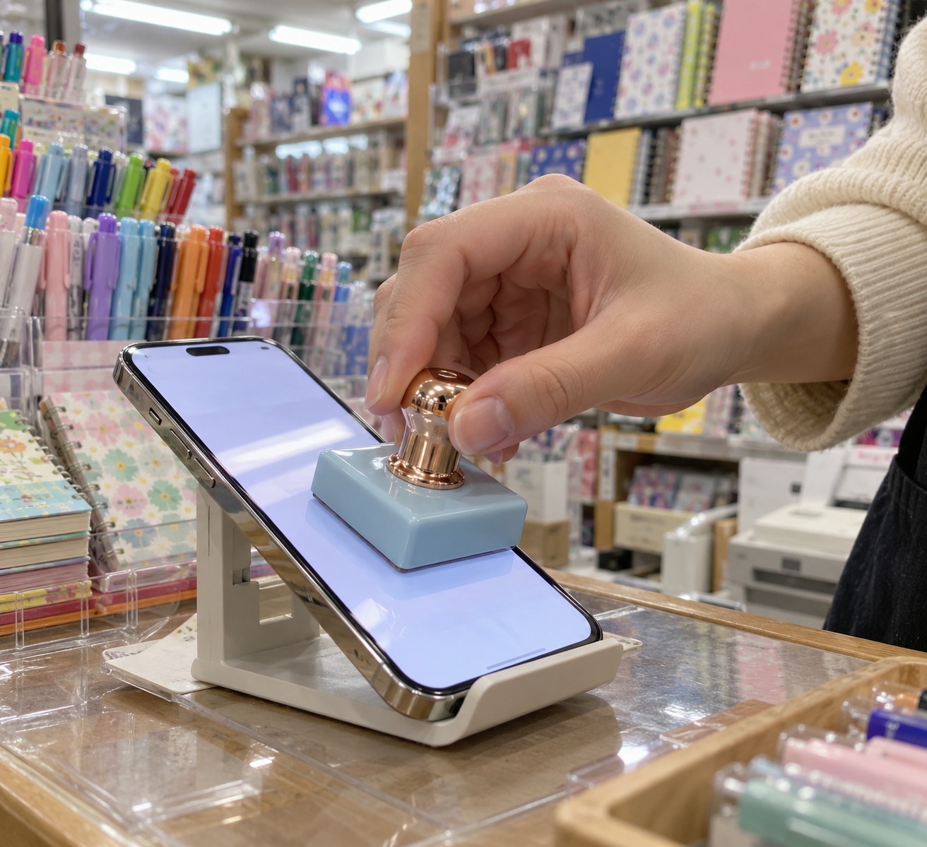 文具店收银台旁用印章按压手机屏幕
