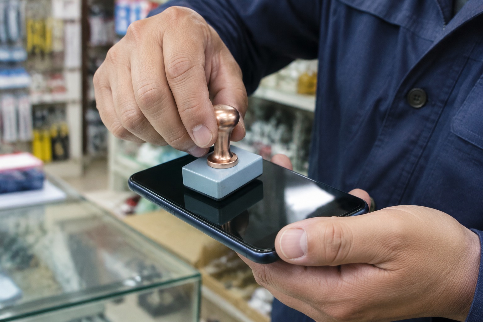 装修师傅在五金店柜台用手机互动印章盖章