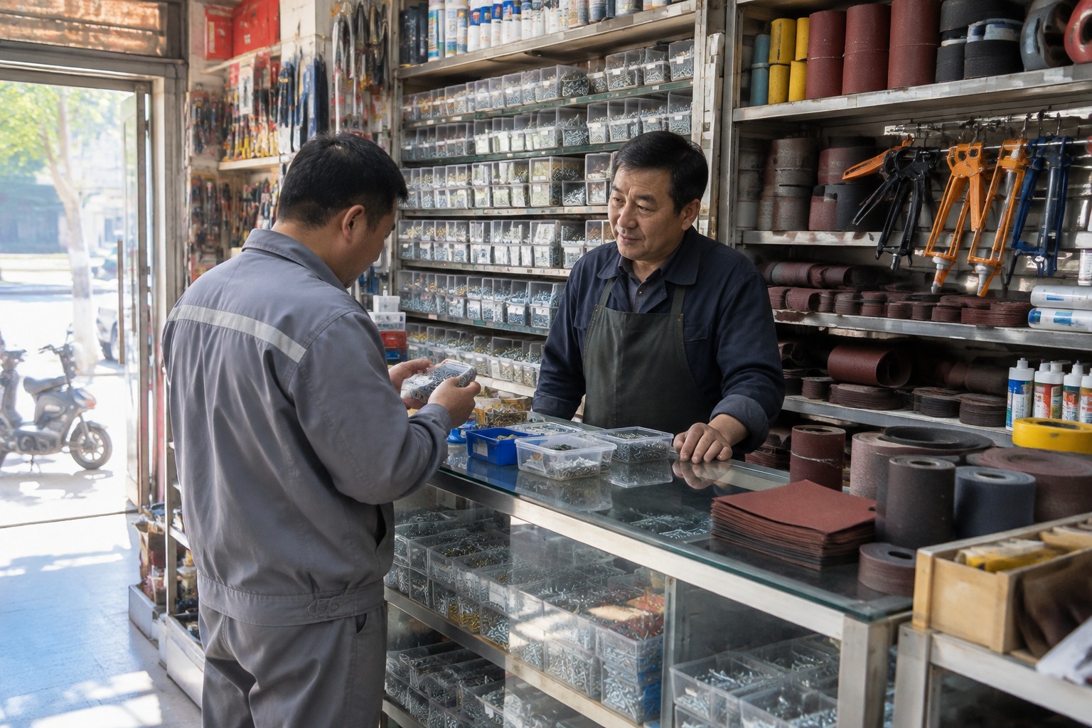 汕头街边五金店里师傅在柜台前拿货
