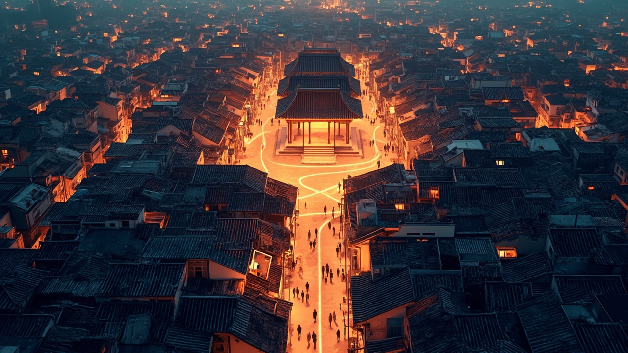 老街区集章路线与人流动线示意插画