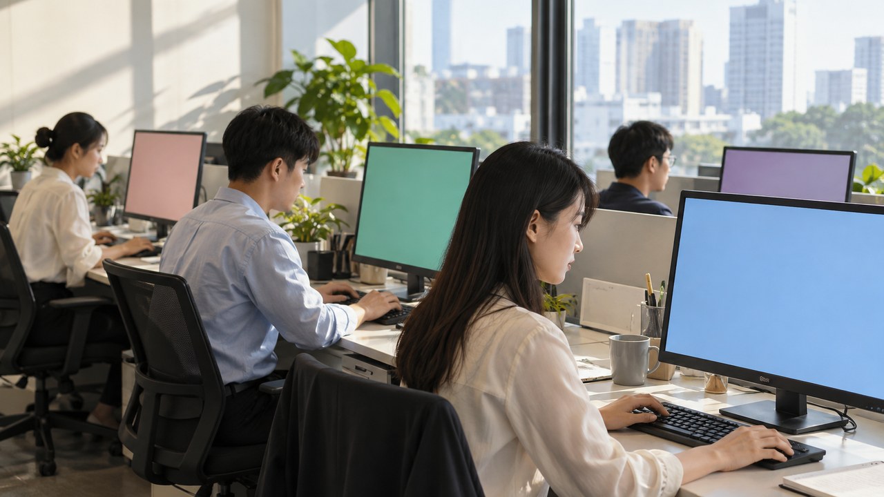 上线第二天早上员工在工位使用新系统
