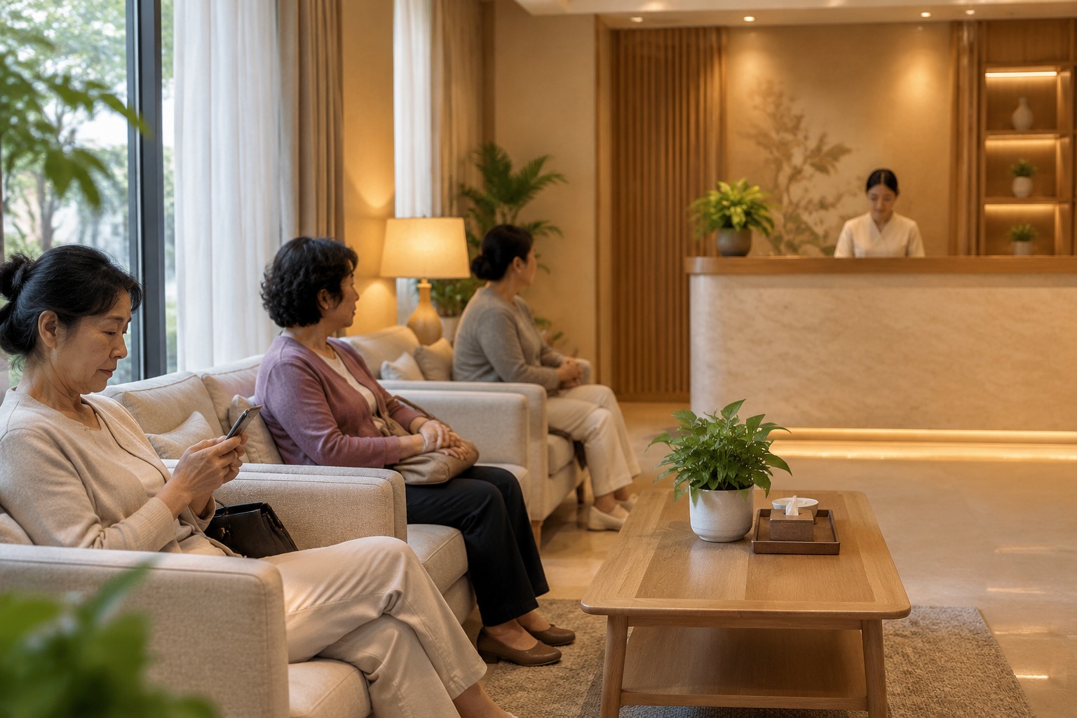 养生馆等候区坐在沙发上等叫号的中老年顾客