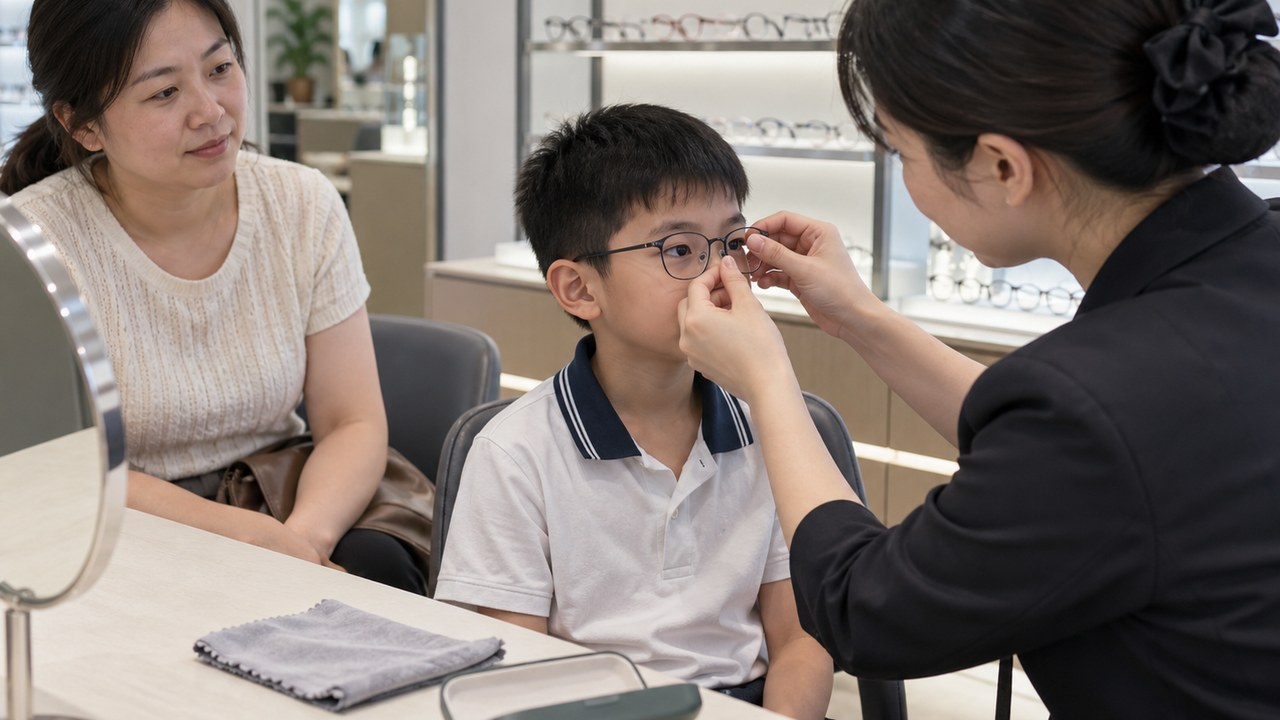 眼镜店里店员在给孩子调整镜架