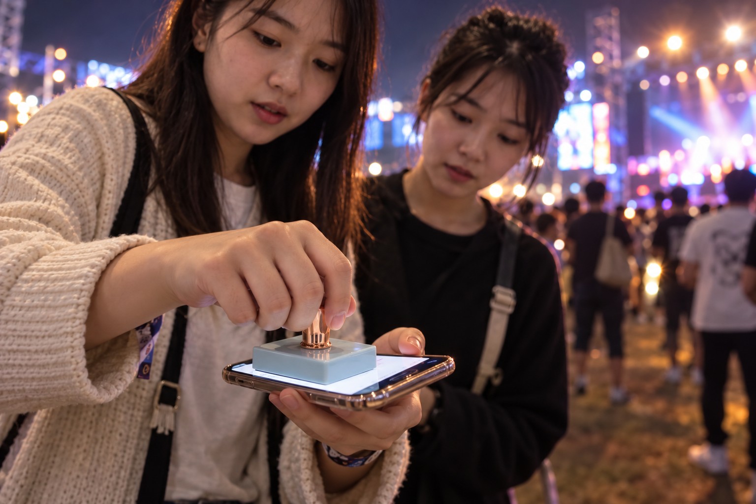 音乐节入口处的NFC打卡点位,观众排队碰一下手环进场