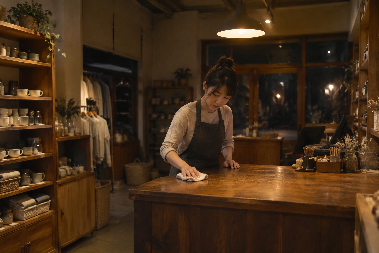 打烊后的小店里,店员正在擦拭木质柜台