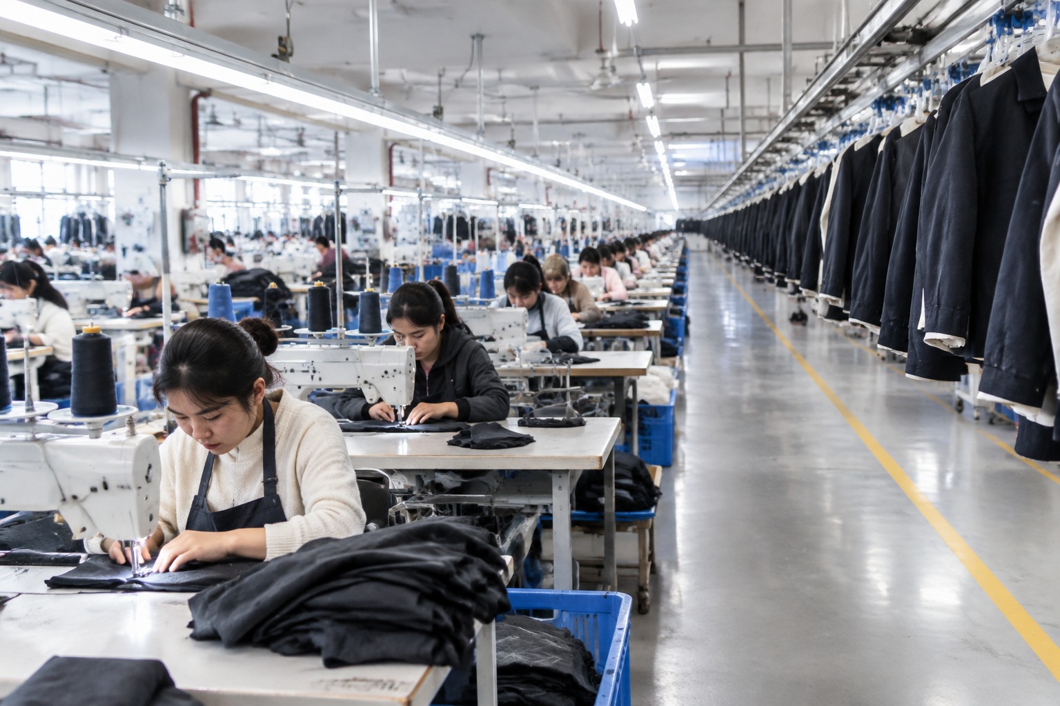 服装厂车间里在缝纫的工人