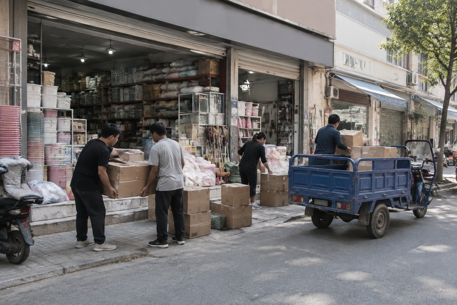 街边批发店门口搬运货物的工人