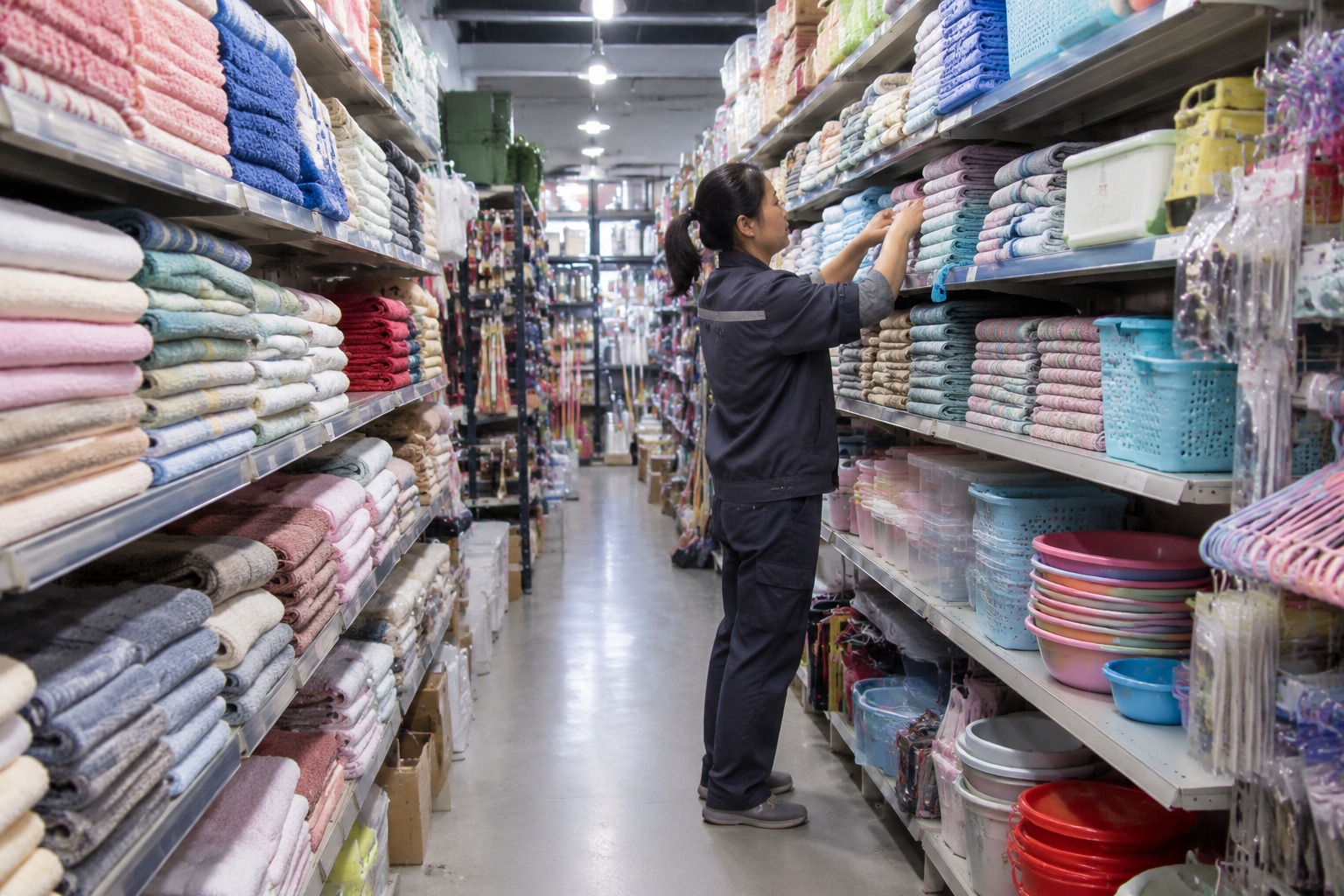 浴室用品批发店货架旁的店主