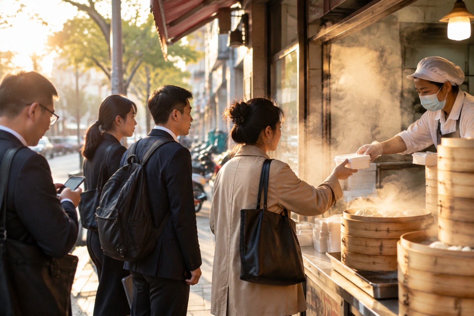 汕头早餐店清晨排队取餐的场景